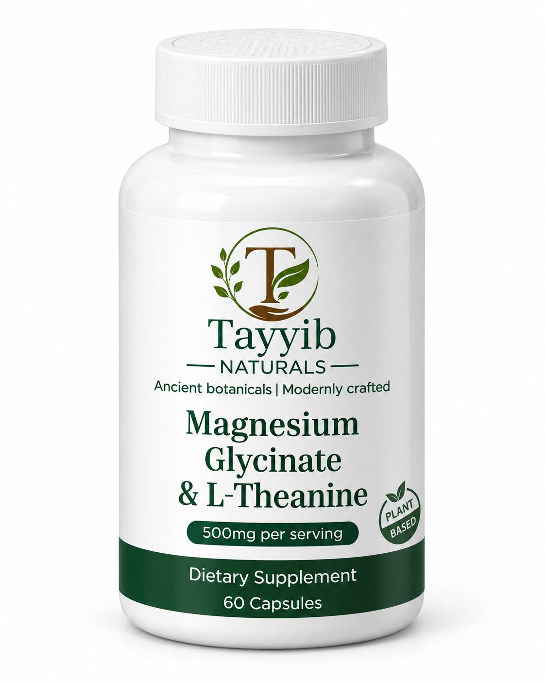 Tayyib Naturals Magnesium Glycinate and L-Theanine 500mg per serving, 60 capsules