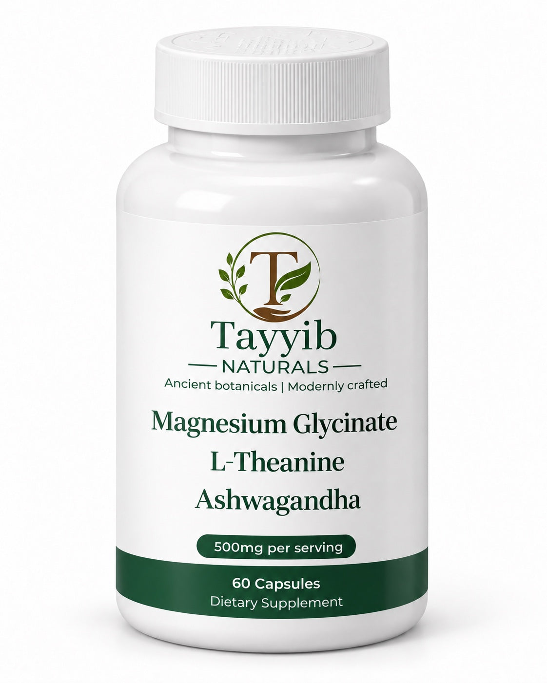 Tayyib Naturals Magnesium Glycinate, L-Theanine and Ashwagandha 500mg per serving, 60 capsules